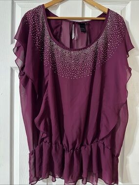 Lane Bryant Plum Chiffon Blouson Top with Rhinestone Detail